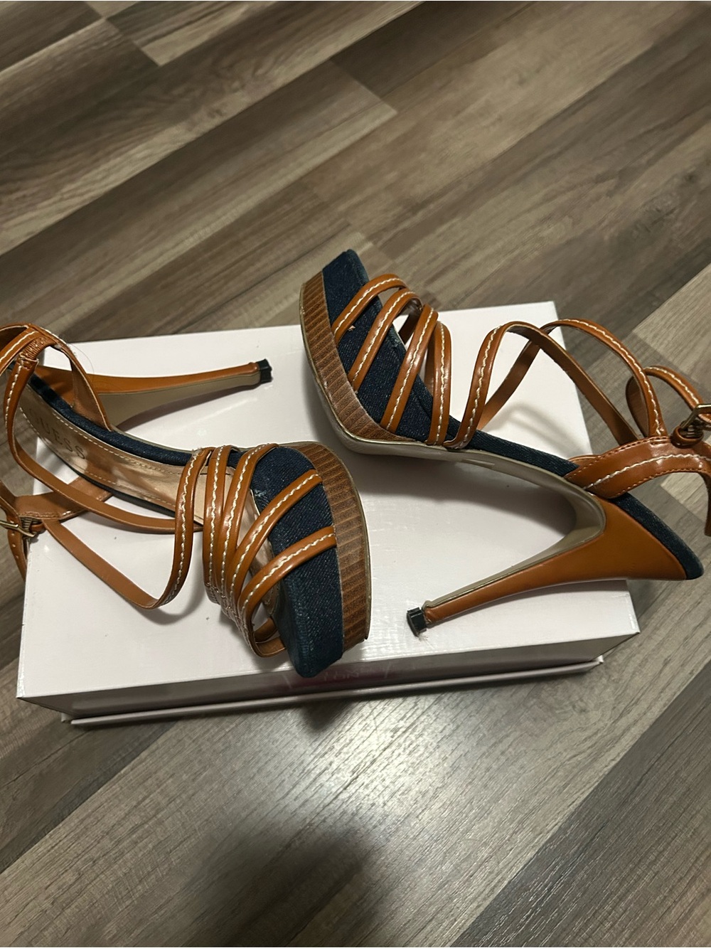 Guess Tan Strappy High Heel Sandals with Blue Insole - Picture 3 of 8